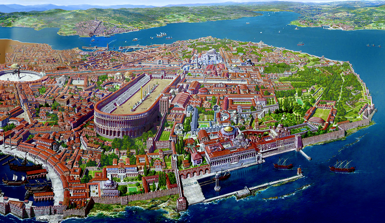 Artistic reconstruction of Byzantine Constantinople — the Hippodrome, Hagia Sophia and the Great Palace behind the sea walls