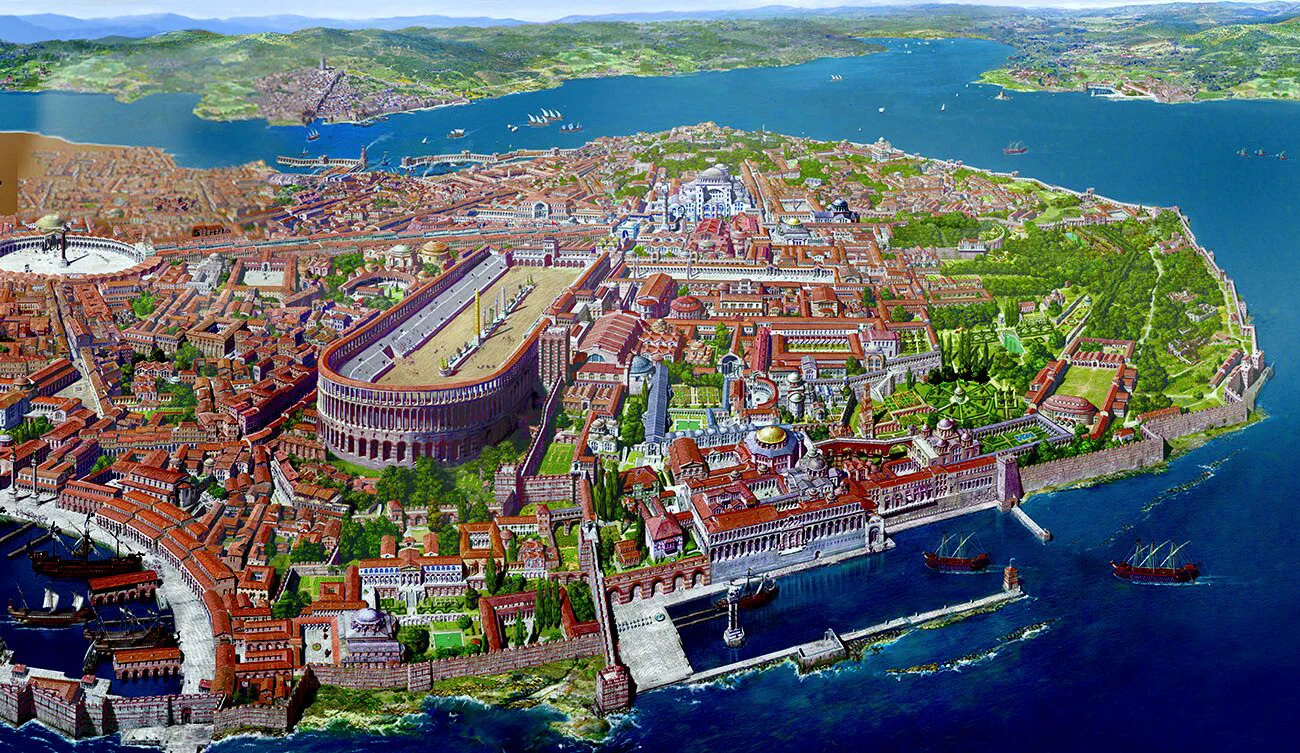 Artistic reconstruction of Byzantine Constantinople — the Hippodrome, Hagia Sophia and the Great Palace behind the sea walls