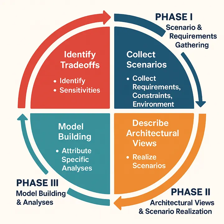 Four-phase software architecture process diagram showing requirements gathering, architectural views, model building, and trade-off analysis in a continuous cycle.