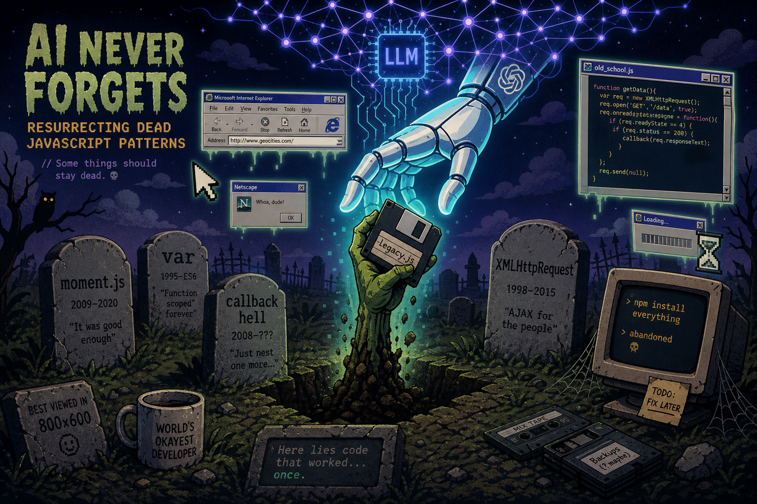 An AI hand pulling a zombie hand holding a floppy disk out of a grave, surrounded by tombstones for moment.js, var, callback hell, and XMLHttpRequest